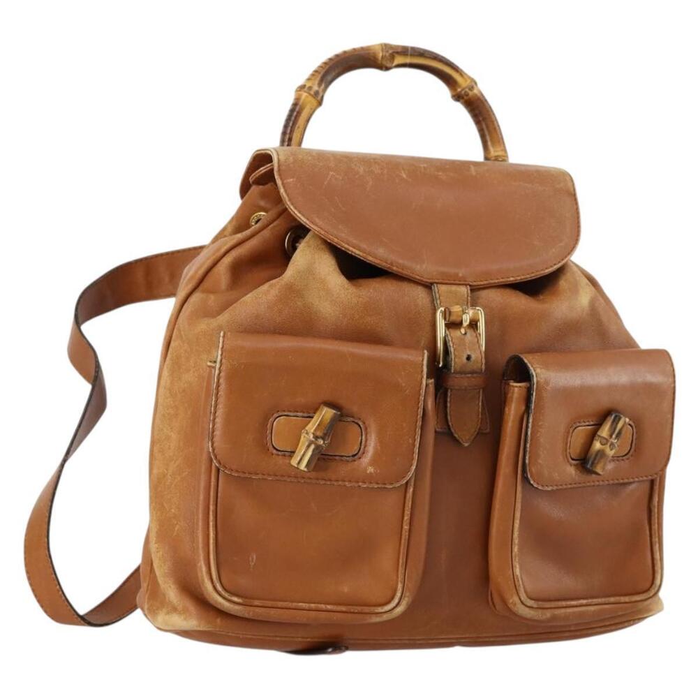 GUCCI Bamboo Backpack Leather Brown Gold 003 1998 0016 Auth 153308 - Picture 1 of 16